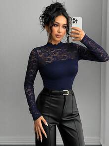 Rafferiza 女士优雅法式蕾丝领修身长袖T恤 - 藏蓝色 - 查看 6
