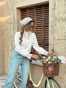 Pariaura Women's Contrast Lace Puff Sleeve Single-Breasted Elegant Blouse Western Blouse Cotton Blouse White Western Top White Blouse Elegant Eyelet Blouse - White - View 5