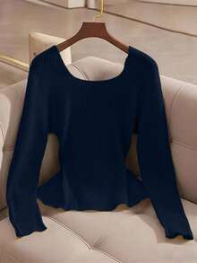 Franclia New Elegant V-Neck Design Solid Color Pullover Sweater For Women, Versatile For Autumn - Navy Blue - View 2