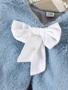 SHEIN Áo khoác tay dài nhung lông nơ trắng dễ thương cho bé gái mùa thu/đông thoải mái - Màu xanh lam - Xem 3