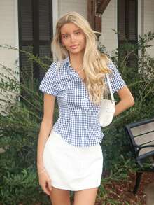 Sydney Algeri Retro Hong Kong Style Mini Plaid Waisted Slim All-Match Versatile Polo Collar Women Short Sleeve Shirt, Spring/Summer - Blue and White - View 1