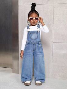 Young Girl Y2K Washed Blue Denim Bib Overalls,Fall Clothes,Winter Clothing ,Casual And Fashionable Vacation Outfits,Street Wear,2000s Style ,Christmas - Light Wash - View 2