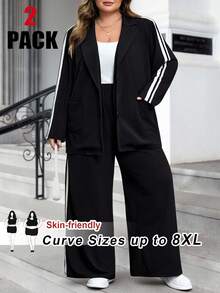 SHEIN CURVE+ 2 件套加大码套装 - 撞色丝带装饰西装外套和松紧腰口袋裤感恩节服装女装新年女装冬装女装狂欢服装新年女装冬季外套女装冬装女装运动服女装冬季套装度假两件套新年