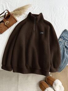 Comfortcana Plus Size Women Chocolate Brown Letter Graphic Zip-Up Half Placket Fleece Sweatshirt, Autumn/Winter - Chocolate Brown - View 2