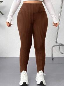 SHEIN EZwear Plus Size Women Solid Color Elastic Waist Casual Ribbed Leggings/Winter - Brown - View 3