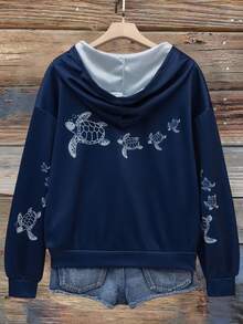 SHEIN EZwear Sudadera con capucha informal y simple con gráfico impreso de tortuga, adecuada para otoño/invierno - Multicolor - Ver 2