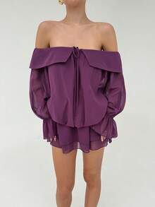 Aloruh Women's Solid Color Front Tie Off Shoulder Long Sleeve Ruffle Hem Fashionable Mini Dress - Purple - View 8