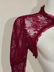 SHEIN ICON Camiseta Longa de Manga Sino de Renda Gótica Feminina para Halloween - Vinho - Visão 6