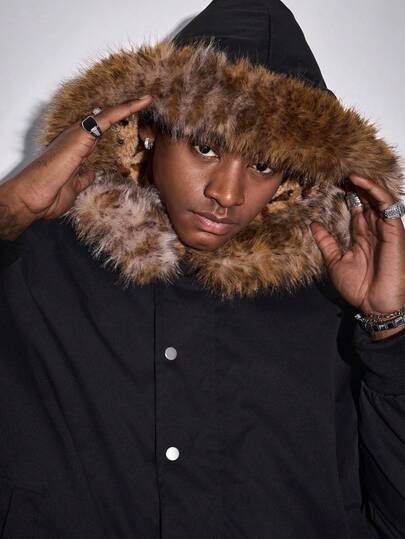 Street Life Men's Fluffy Collar Hooded Padded Coat, Loose Fit