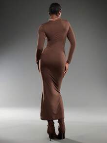 Normani Damen Einfarbiges Langarm Figurbetontes Kleid - Kaffeebraun - Übersicht 2