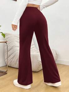 SHEIN PETITE CURVE Plus Size Solid Color Flare Leg Sweatpants - Burgundy - View 2