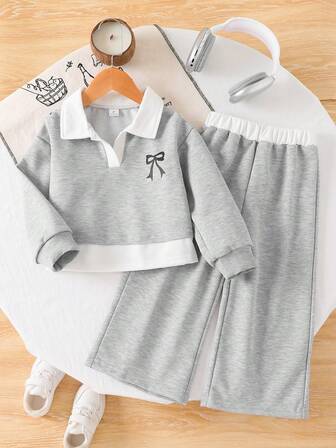 Genkimix Kids 2pcs/Set Girls Korean Style Loose Floral Print Sweatshirt With White Collar Bow Decor