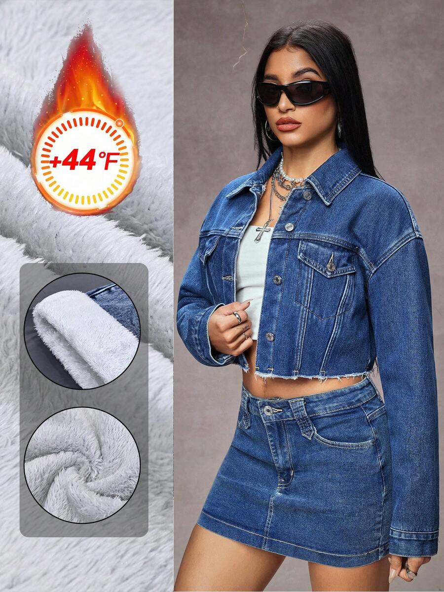 SHEIN ICON Chaqueta corta de jean desgastada para mujer - Azul lavado oscuro - Ver 1