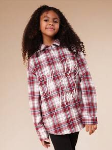 SUMWON Tween Plaid Button Down Shirt With Long Sleeves And Collared Neckline For School And Casual Wear Vacation - Burgundy - View 2