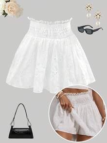 Breezaya Women's Solid Color Hollow Out Embroidery Drawstring Lace Hem Summer Casual Shorts For Vacation