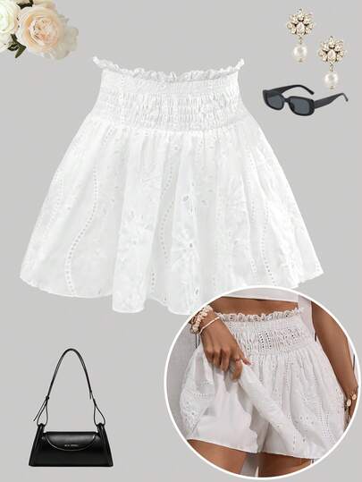 Breezaya Women's Solid Color Hollow Out Embroidery Drawstring Lace Hem Summer Casual Shorts For Vacation