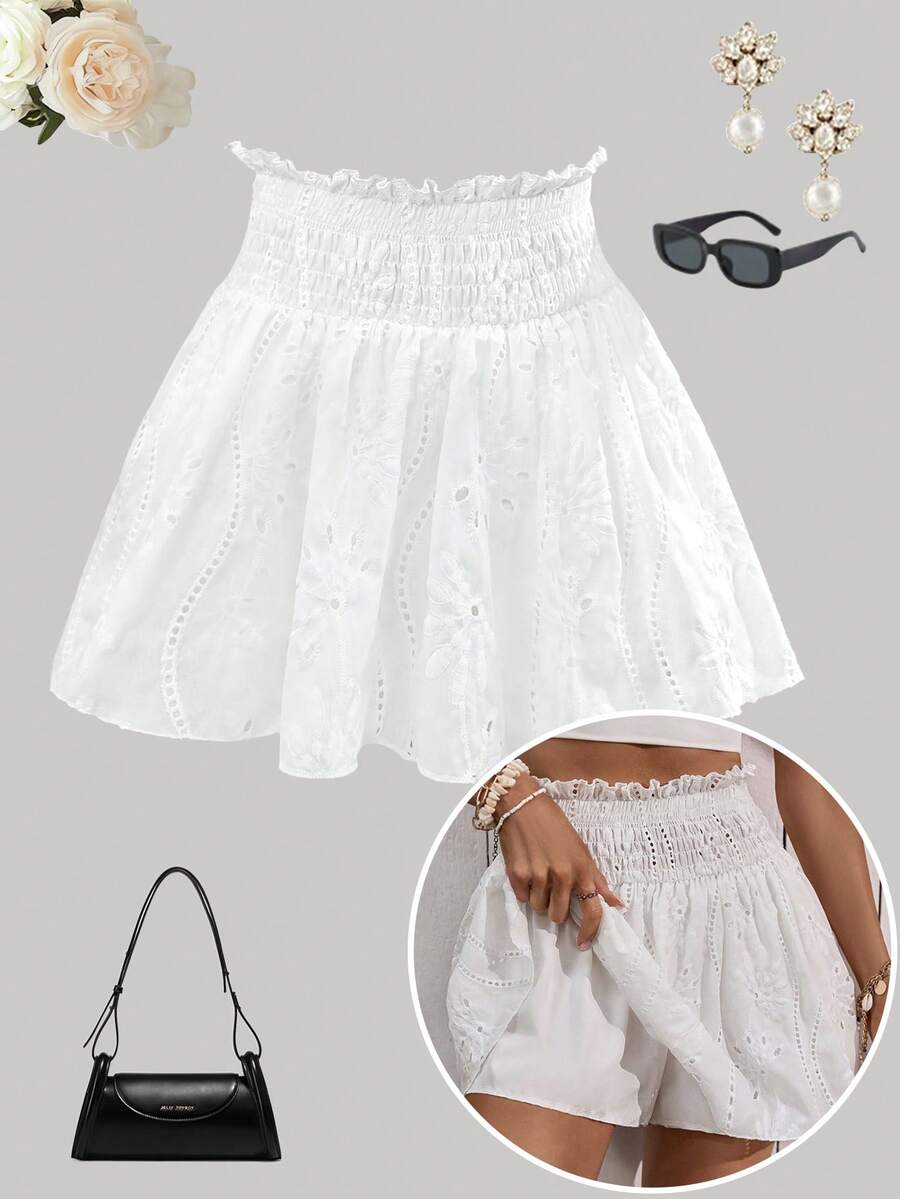 Breezaya Women's Solid Color Hollow Out Embroidery Drawstring Lace Hem Summer Casual Shorts For Vacation