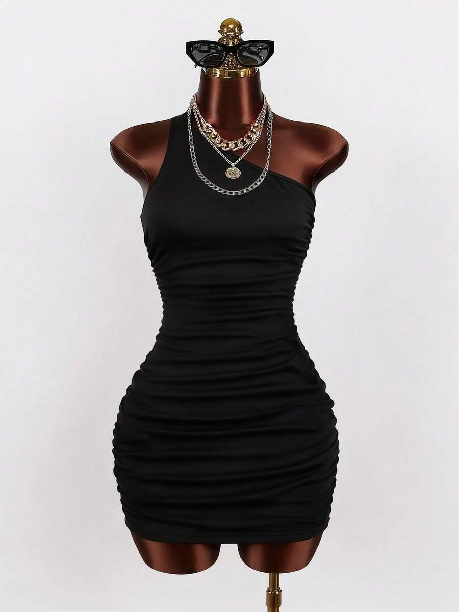 SHEIN Unity Vestido ajustado de un hombro fruncido - Negro - Ver 1
