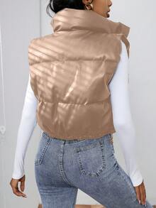 SHEIN EZwear 时尚百搭纯色无袖夹克，秋冬 - 卡其色 - 查看 2