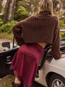 Aralina 女士圣诞感恩节派对酒红色休闲Y2K秋冬缎面层叠下摆中长裙，侧边系带设计，完美适合教师节、乡村音乐会、秋冬季节等场合。 - 紫色 - 查看 8