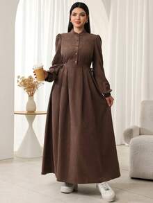 Al Najma Women's Elegant Commuter Solid Color Lantern Sleeve Arabic Dress Elegant Dress Women Chocolate Brown Dress Dark Brown Dress Modest Brown Dress Elegant Brown Dress Long Sleeve Brown Dress