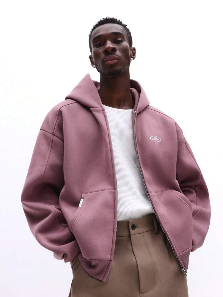 SUMWON Felpa con cappuccio e chiusura lampo completa, vestibilità ampia, con piccolo logo del marchio e tasca centrale, casual, streetwear, giacca in felpa tinta unita per uomo