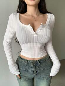 DAZY Ladies' Tight-Fitting Long-Sleeved T-Shirt With Buttoned Half Placket And Large Round Neckline Long Sleeve Women Tops,Fall Women Clothes - White - View 1