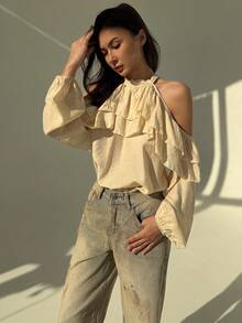 Aloruh Áo cánh dài tay trễ vai viền bèo nhún màu trơn thời trang cho nữ - Màu be - Xem 5