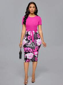 SHEIN Unity 女士优雅印花拼色通勤连衣裙 - 玫紅色 - 查看 3