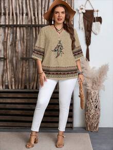 EMERY ROSE Plus Size Women Casual Retro Pattern All-Over Print Loose Fit Round Neck 3/4 Sleeve Shirt, Suitable For ,Flower/Spring/Summer/Vacation - Khaki - View 6