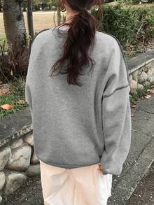 FRIFUL 女式简约休闲圆领长袖撞色图案上衣，秋季服装 - 灰色 - 查看 5