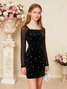 Pitira 少女黑色修身网纱拼接天鹅绒雪花迷你派对连衣裙，优雅天鹅绒连衣裙 - 黑色 - 查看 1