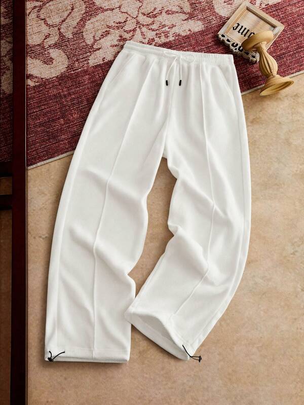 HIMLAND Men's Solid Color Drawstring Waist Pocket Toothpick Design Wide Leg Casual Sweatpants