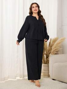 Modelyn 2pcs/Set Plus Size Solid Color Casual Long Sleeve Top And Loose Pants - Black - View 7