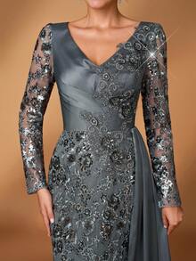 Serin 优雅奢华的刺绣亮片蕾丝贴花缎面薄纱袖美人鱼礼服，饰以飘逸亮片，适合婚礼、活动、单身派对、度假、盛大晚宴、新娘母亲晚礼服、情人节等场合。 - 深灰色 - 查看 2