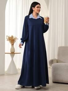 SHEIN Najma 女士条纹衬衫领长袖喇叭下摆连衣裙 - 藏蓝色 - 查看 8