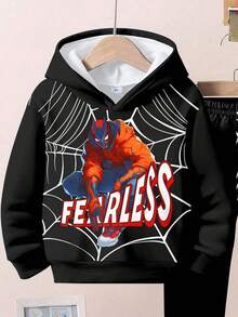 SHEIN Boys Fearless Superhero Hoodie & Sweatpants Set | Comic Graphic Spider Web Outfit | Cool Fall Winter Toddler Streetwear Tween Boys Outfit Sets Pants And Hoodie Rockstar Kids Outfit 2 Piece Teen Boys Hoddie And Sweatpants Boys Sweat Suit With Flames - Multicolor - View 6
