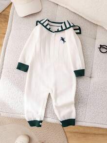 SHEIN Unisex Baby Cute Navy Striped Long Sleeve Sweater Romper, Autumn/Winter Baby Clothes - Dark Green - View 3