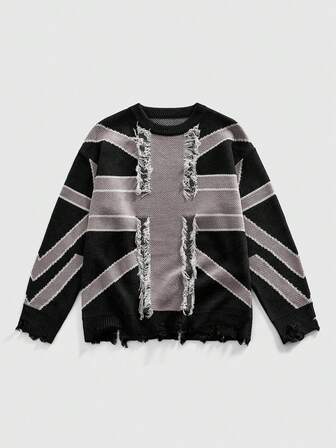 Street Life Pull tricoté vintage à motif de drapeau , coupe ample et décontractée pour homme, pour l'hiver