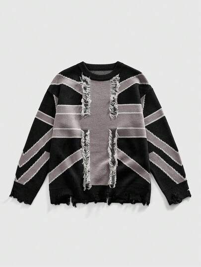 Street Life Modischer vintage Flaggen-Intarsienpullover, lässig, locker geschnitten für Herren, Winter