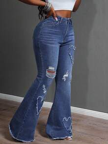 SHEIN SXY Spring Plus Size Women Cowgirl Style Blue Stretch Heart Embroidered Distressed Flare Jeans, Spring - Dark Wash - View 2