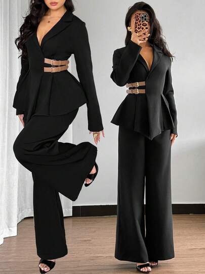 Modelyn Urban Elegant Double Waistband Shirt And Pants Women's Suit Black Pants Suit Women Black Suits For Woman Formal Two Piece Set Black Elegant Pantsuit Fall/Winter