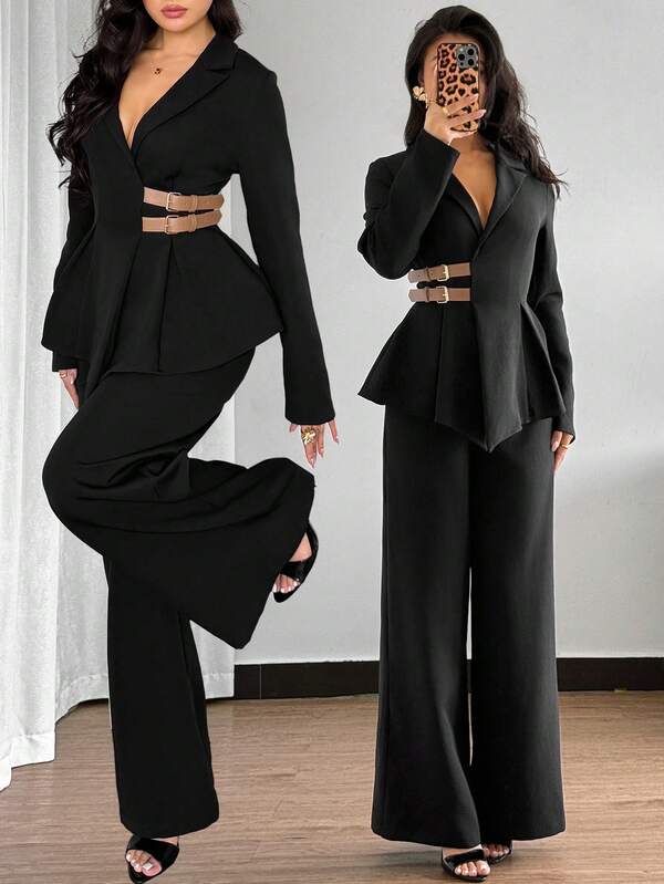 Modelyn Urban Elegant Double Waistband Shirt And Pants Women's Suit Black Pants Suit Women Black Suits For Woman Formal Two Piece Set Black Elegant Pantsuit Fall/Winter