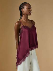 Briarwyn 女士优雅缎面蕾丝吊带背心，不对称下摆，细肩带派对上衣，适合夏季度假、晚宴和休闲时尚场合。 - 酒紅色 - 查看 4