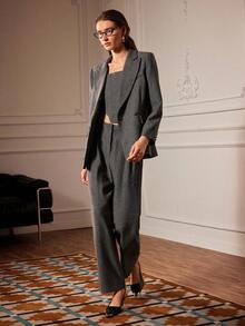 Uhlyne 女士休闲翻领长袖外套，不对称下摆无袖上衣和裤子套装，女士粗花呢两件套，女士家居服套装，女士套头衫套装，女士粗花呢两件套，女士家居服套装，女士套头衫套装 - 灰色 - 查看 3