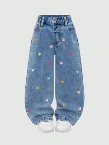 SHEIN ChillGRL 2pcs Girls Fleece Hoodie & Distressed Heart Print Denim Shorts Co-Ord Set,Cute Graphic Crew Neck Sweatshirt Outfit For Winter,School,Back-To-School - Multicolor - View 3