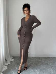 Elenzga Women's Elegant Single-Breasted Belted Fitted Knit Dress - Coffee Brown - View 3