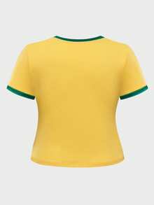 INAWLY Plus Size Color Block Round Neck T-Shirt With Flag And Letter Print, Short Sleeve, Summer Graphic Tees Women Tops,Brazil-Inspired Graphic Tee - Yellow - View 3
