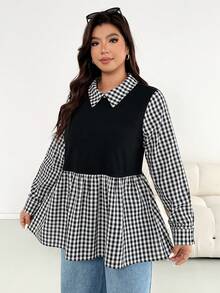 SHEIN Essnce 大码女士秋冬时尚休闲宽松舒适日常黑白格子拼接黑色长袖收腰两用上衣，秋季工作上衣 - 黑與白 - 查看 4