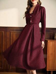 Vintamour Conjunto vintage elegante de 2 piezas para dama, vestido de tirantes con cuello cuadrado y línea A, y chaqueta corta de manga larga, con decoración de botones de perlas falsas - Burdeos - Ver 6